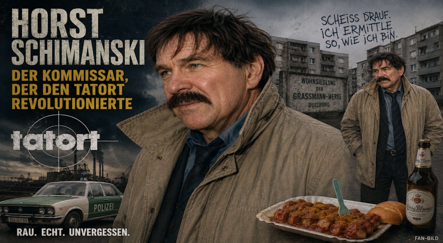 Horst Schimanski mit Bier und Currywurst – Kult-Kommissar aus dem Ruhrgebiet