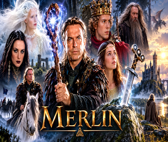 Merlin und König Artus aus dem Fantasy-Fernsehzweiteiler Merlin von 1998