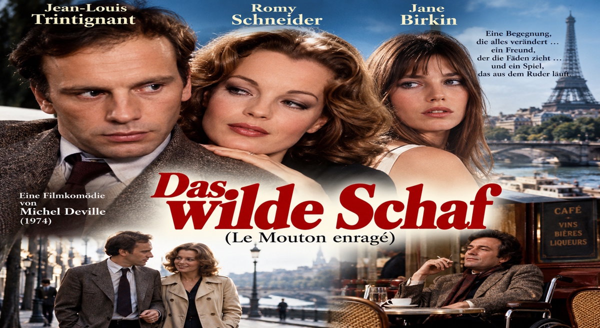 Das wilde Schaf (1974) – Jean-Louis Trintignant, Romy Schneider und Jane Birkin vor der Kulisse von Paris